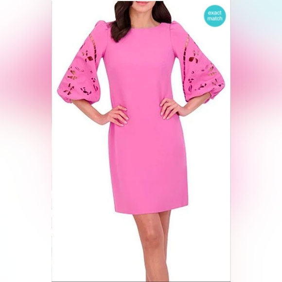 NWT Vince Camuto Pink Embroidered Puff Sleeve Shift Dress Size 4 NWT - Picture 1 of 13